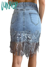 Lunivop Woman Sleek Sexy Flap Pockets Sequin Fringed Mesh Hem Skinny Denim Skirt